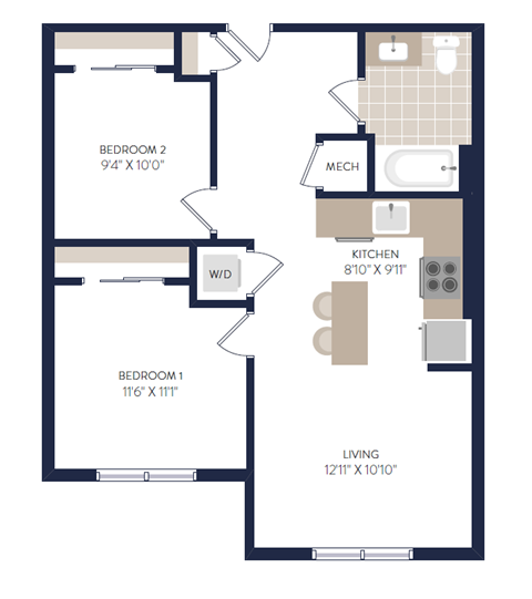 Floor plan for 1 bed, 1 bath, 646 sqft